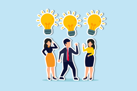 Sharing business ideas, collaboration meeting, sharing knowledge, teamwork or people thinking the same idea concept, smart thinking businessmen people office workers team up share lightbulb lamp idea.のイラスト素材