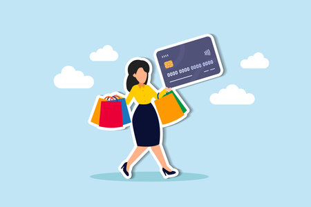 Consumerism, overspending or shopaholic causing credit card debt and poverty, shopping addiction spend more than your income, happy young woman holding shopping bags with credit card payment checkout.のイラスト素材