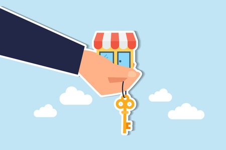 Small business key to success, open new shop, start new business or company, entrepreneur or SME, growing or increase product sale concept, businessman hand hold small business shop with golden key.のイラスト素材