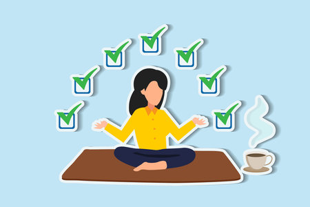 Task mastery Focus, concentration, efficiency for productivity success, multitasking, and strategic planning for task completion concept, businesswoman meditate focus on work completed checkboxのイラスト素材