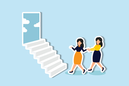 Boosting employees, guiding managers, paving paths to success or new chances, fostering career growth concept, supportive businesswoman manager encourage employee to step on stair to success.のイラスト素材