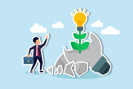 Failing sparks success, driving aspiration, innovation, learning from mistakes, and motivating achievement, cheerful businessman look at seedling bright lightbulb idea plant grow from broken one.のイラスト素材