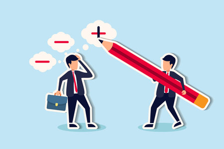 Positive mindset fosters optimistic work success mentors motivate employees towards positivity concept, businessman manager using pencil to draw positive sign on employee negative thought.のイラスト素材