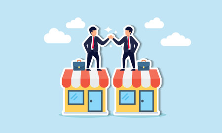 B2B sales involve business to business agreements, enterprise commerce, and trade between companies and suppliers concept, businessman owner handshake on enterprise shop for B2B agreement.のイラスト素材