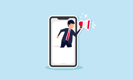 Mobile marketing employs influencers or ads via social media apps to target smartphone users, Concept of Joyful man promotes on megaphone from mobileのイラスト素材