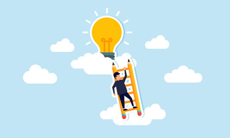 Innovative work stems from creative ideas, inspiration, and imagination, concept of A creative businessman ascends a pencil ladder toward a cloud to seek innovative ideasのイラスト素材