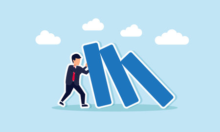 Business resilience: Flexibility, endurance, and adaptability to thrive despite economic crises, concept of Confident businessman: Stopping falling dominos with strength and assuranceのイラスト素材