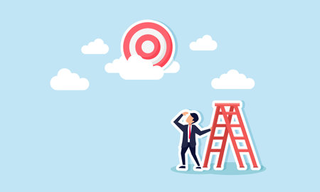 Missteps lead to business setbacks, missed objectives, and dashed hopes on distant goals, concept of A despairing businessman with a ladder too short to reach the targetのイラスト素材