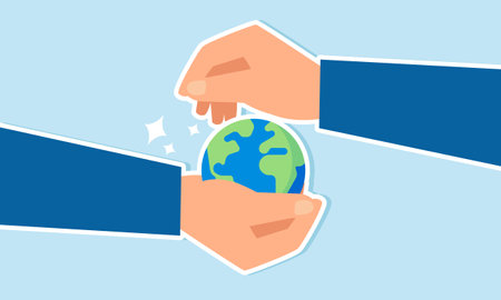 Efforts to preserve global peace, ecology, and sustainability, prioritizing environmental care and support, concept of Businessman holds Earth, cares & shieldsのイラスト素材