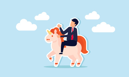 Unicorn startup, successful creative idea to earn money and make real profit, concept of Smart successful businessman, company founder billionaire investor riding a unicorn rocking horse into the skyのイラスト素材