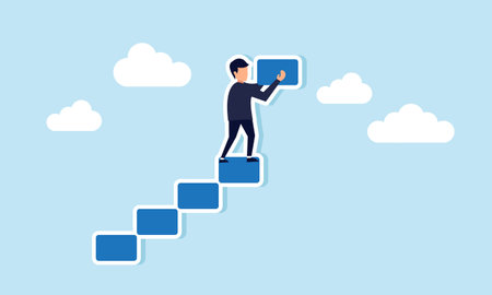 Constructing success stairs self development, career growth, and job advancement, concept of Businessman constructs stairs for ascending business growthのイラスト素材