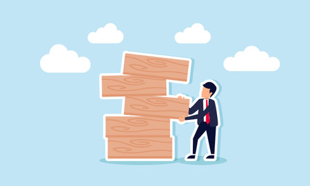 Investment risk comes from greedy choices; use careful, balanced strategies in uncertainty, concept of A businessman pulls a wooden block from a collapsing stackのイラスト素材