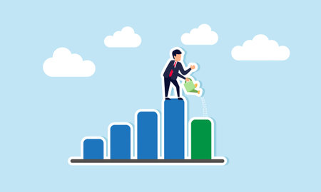 Economic recovery via stimulus, leadership fosters business growth and investment profits, concept of A businessman waters this year's growing bar on the profit graphのイラスト素材