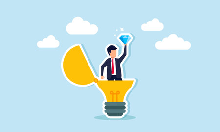Business value discovering opportunities or benefits, measuring quality, or seeking brilliant ideas, concept of A businessman discovers a priceless diamond from a bright lightbulb ideaのイラスト素材