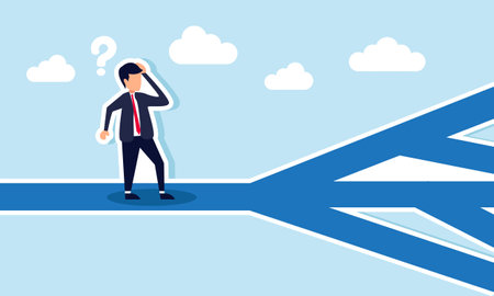 Choosing business directions involves making decisions about career paths and growth, navigating the paradox of choice, concept of Confused businessman contemplating a decision with multiple routes aheadのイラスト素材