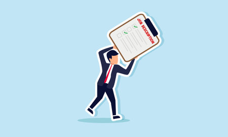 Enthusiasm for tackling all job responsibilities concept of A businessman excited and happy, holding his job description boardのイラスト素材