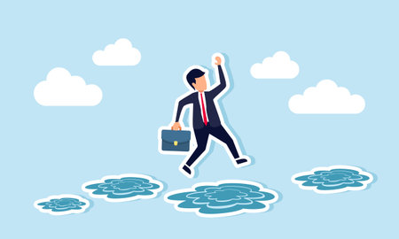Avoiding work related issues that hinder productivity concept of A businessman jumping over puddles, staying productive, efficient, and effective in his workのイラスト素材