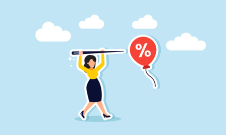 Hunting for discounts, competing for price cuts or special promotions concept of A businesswoman holding a needle, ready to pop or hunt for discount balloons or special price offersのイラスト素材