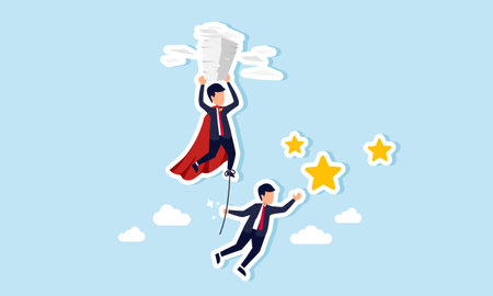 A businessman hanging in the sky, pulling on a rope tied to a super businessman with heavy paperwork, reaching for a star, Illustration Concept of Effort to gain awards or ratings by relying on hardworking and diligent employeesのイラスト素材