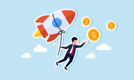 A businessman hanging in the sky, holding a rope tied to a rocket, reaching for coins, Illustration...