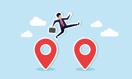 Businessman jumping from one point to another, Illustration concept of Efforts to reach milestones or expand into new branches and business modelsのイラスト素材