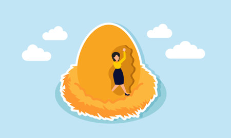 A businesswoman breaking through the wall of her golden egg, illustration of Someone freedom to live after their investments yield resultsのイラスト素材