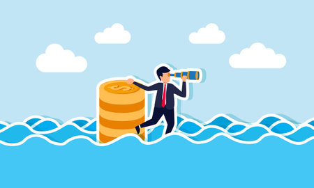 A businessman using a telescope while holding a stack of coins submerged in floodwaters, illustrating an investor's vision in rescuing their assetsのイラスト素材