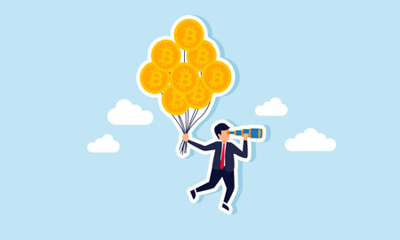 A businessman using a telescope while hanging in the sky, holding a rope tied to several bitcoin balloons, illustrating monitoring and analyzing bitcoin valuation movements due to external factorsのイラスト素材