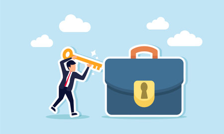 A businessman holding a key trying to open a briefcase, illustrating the authority to approve a taskのイラスト素材