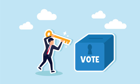 A businessman holding a key trying to open a vote box, illustrating the right to exercise a veto in making a choiceのイラスト素材