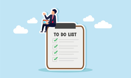 A businessman working on a laptop while sitting on a to do list board, illustration of the digital input of data related to job progressのイラスト素材