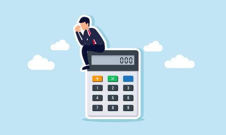 A businessman sitting sadly on a calculator, illustration of the failure in financial calculations for the companyのイラスト素材