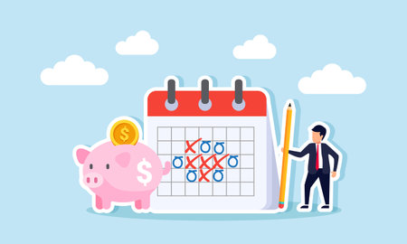 A businessman holding a pencil standing next to a calendar schedule and a piggy bank, an illustration of scheduling for implementing a dollar cost averaging investment system.のイラスト素材