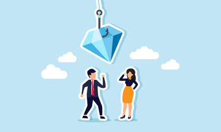 A businessman and businesswoman talking with a hook catching a diamond, an illustration of discussing how to obtain natural resources for a business project.のイラスト素材