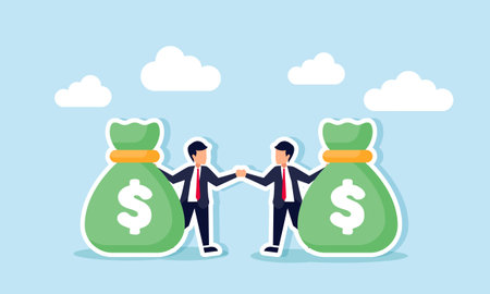 Two businessmen shaking hands, each carrying a money bag, an illustration of a mutual agreement to become investors in an attractive businessのイラスト素材