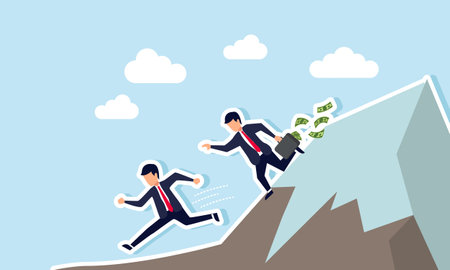 A businessman carrying a suitcase full of money chasing another businessman down a mountain, illustrating evasion from corruption or bribery cases to secure a project.のイラスト素材