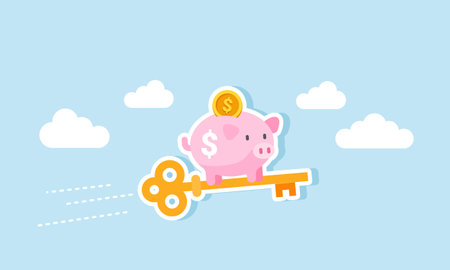 A piggy bank riding a golden key flying swiftly in the sky, an illustration of market-driving factors that cause the dollar's valuation to move positively.のイラスト素材