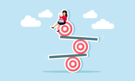 A businessman sitting on a pile of target boards while carrying a laptop, illustrating the monitoring of company performance in achieving business goals.のイラスト素材