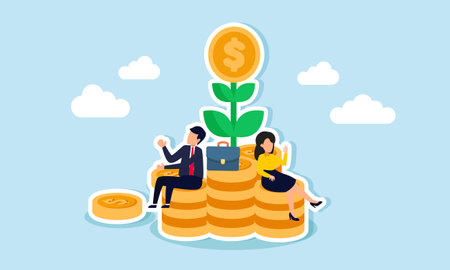 A businessman and businesswoman are relaxing on a pile of coin plants, illustration of positive growth from investments or financial freedom and stability.のイラスト素材