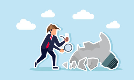 A detective with a magnifying glass and a cigarette investigates a broken light bulb, illustrating research on business innovations or ideas that didn't go as plannedのイラスト素材