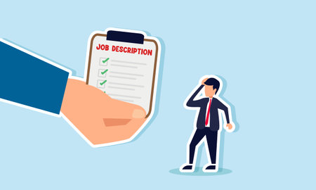 A businessman appears confused after receiving a job description board, illustrating the challenge of fulfilling assigned responsibilities.のイラスト素材