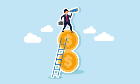 A businessman climbing a stack of dollar coins with a ladder while looking through binoculars, illustration of effort in the vision to increase company revenueのイラスト素材