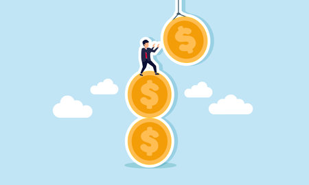 A businessman climbing a stack of dollar coins and trying to catch another coin hanging from a string, illustration of the effort to increase company assetsのイラスト素材