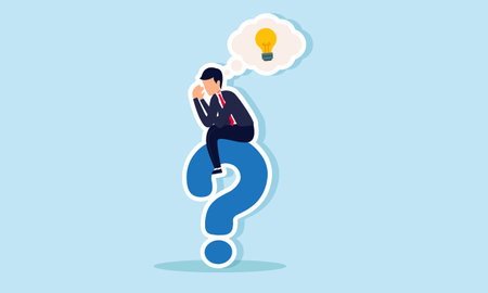 A businessman sits on a question mark, confused while pondering a light bulb, illustration of the struggle to find practical ideas and innovations for his businessのイラスト素材
