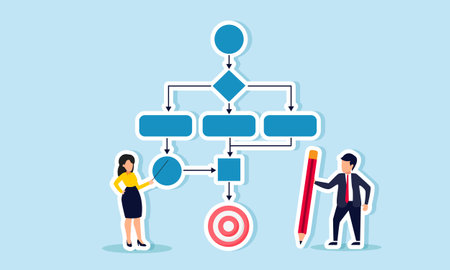A businessman with a pencil and another with a stick are by a flowchart and a target board, illustration of strategic planning to achieve business goalsのイラスト素材