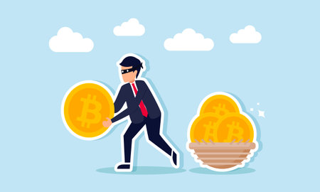 A businessman as a thief trying to steal bitcoin from a nest, illustration of a hacker stealing bitcoin assetsのイラスト素材