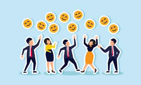 Businesspeople gathering to compete for a collection of happy emoticons, illustration of competition for market engagementのイラスト素材