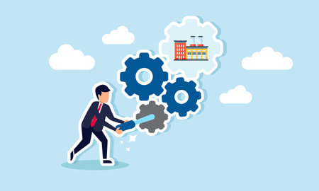 A businessman setting up a gear machine labeled as a factory, illustration of maintenance and performance adjustments in the factoryのイラスト素材