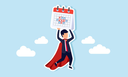 A super businessman flying while holding a schedule calendar, illustration of a successful entrepreneur enhancing business performance by completing tasks on timeのイラスト素材