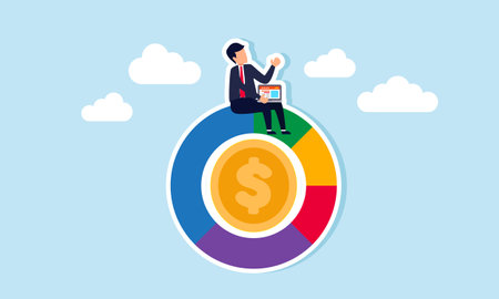 A businessman with a laptop sits on a ring chart labeled with dollar coins, illustrating the analysis, monitoring, and evaluation of dollar performance.のイラスト素材